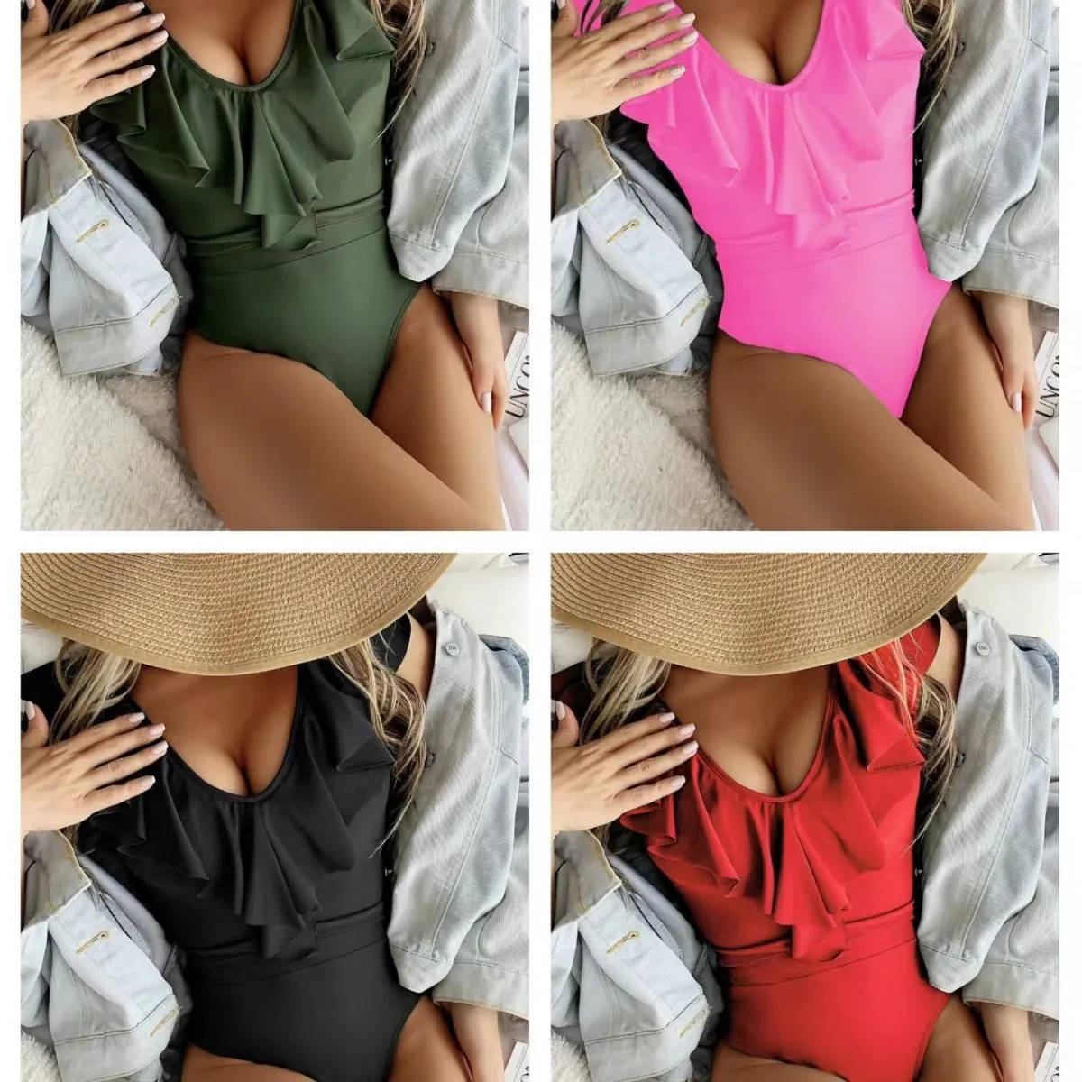 Solid colour nylon one-piece swimsuit for women available in black, green, pink, and red