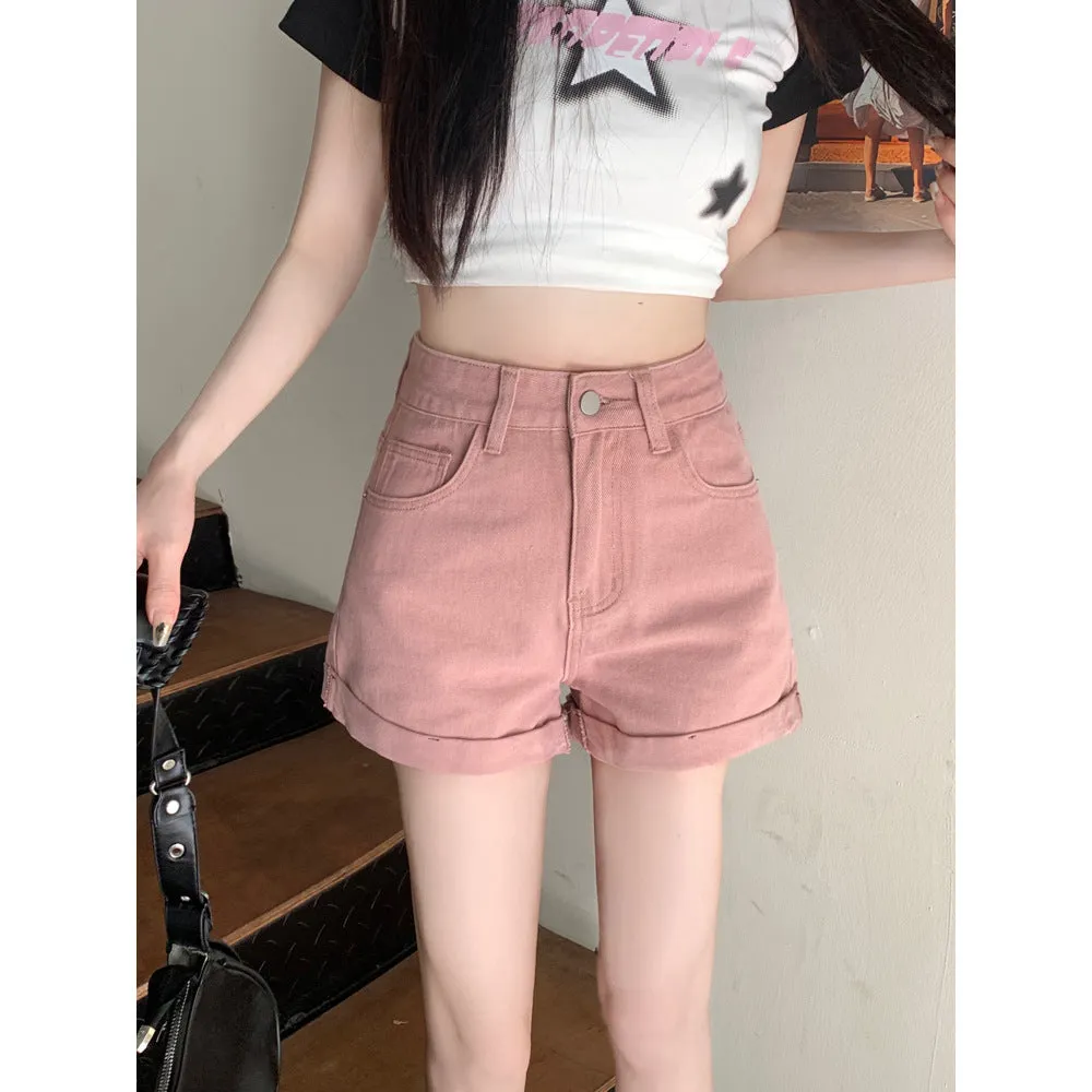 Women's high waist loose cotton denim shorts in khaki, summer casual style