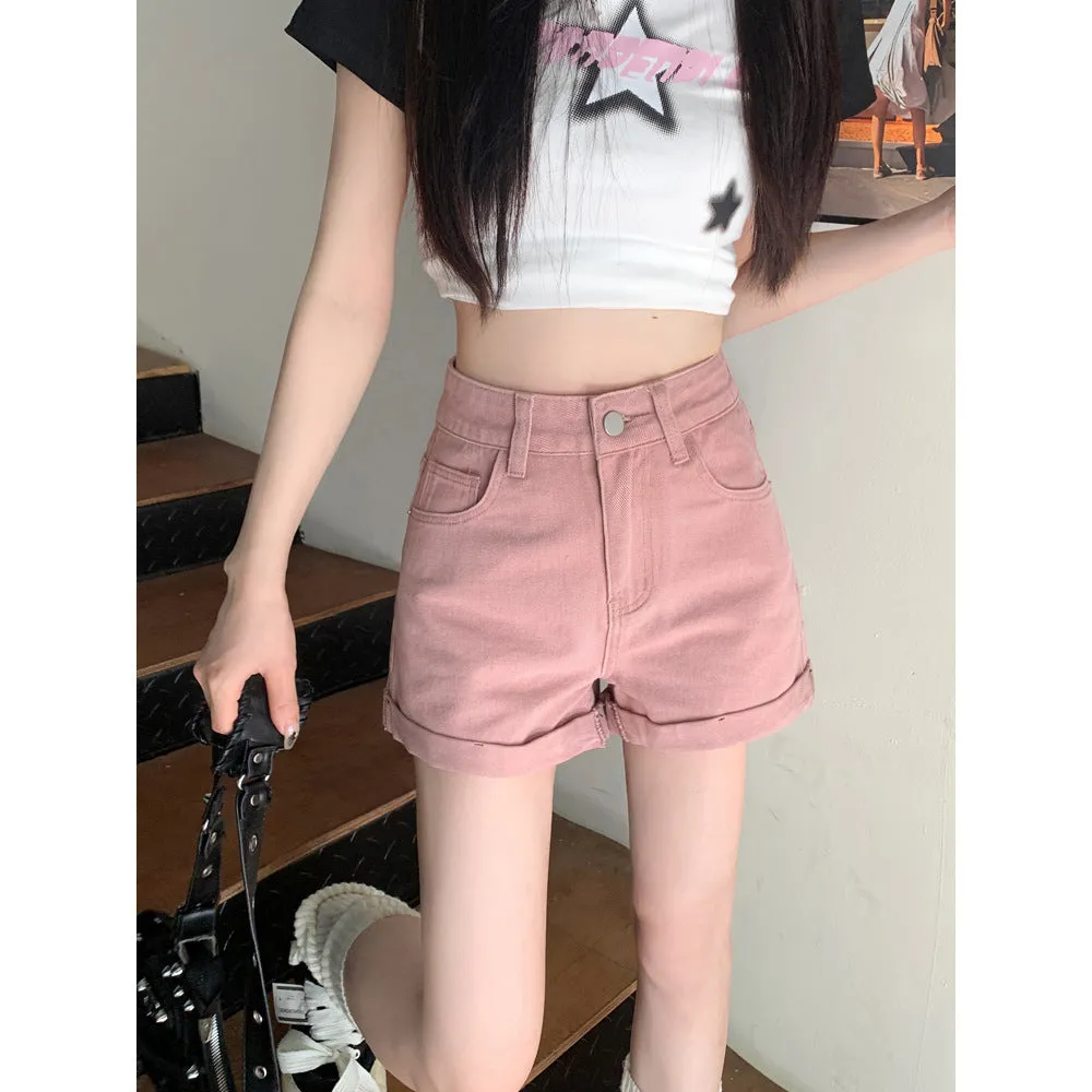 Women's high waist loose cotton denim shorts in khaki, summer casual style