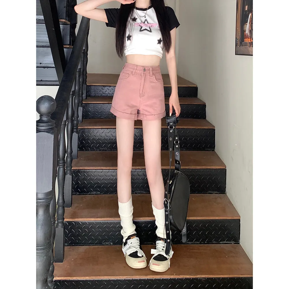 Women's high waist loose cotton denim shorts in khaki, summer casual style