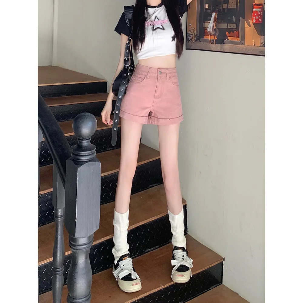 Women's high waist loose cotton denim shorts in khaki, summer casual style
