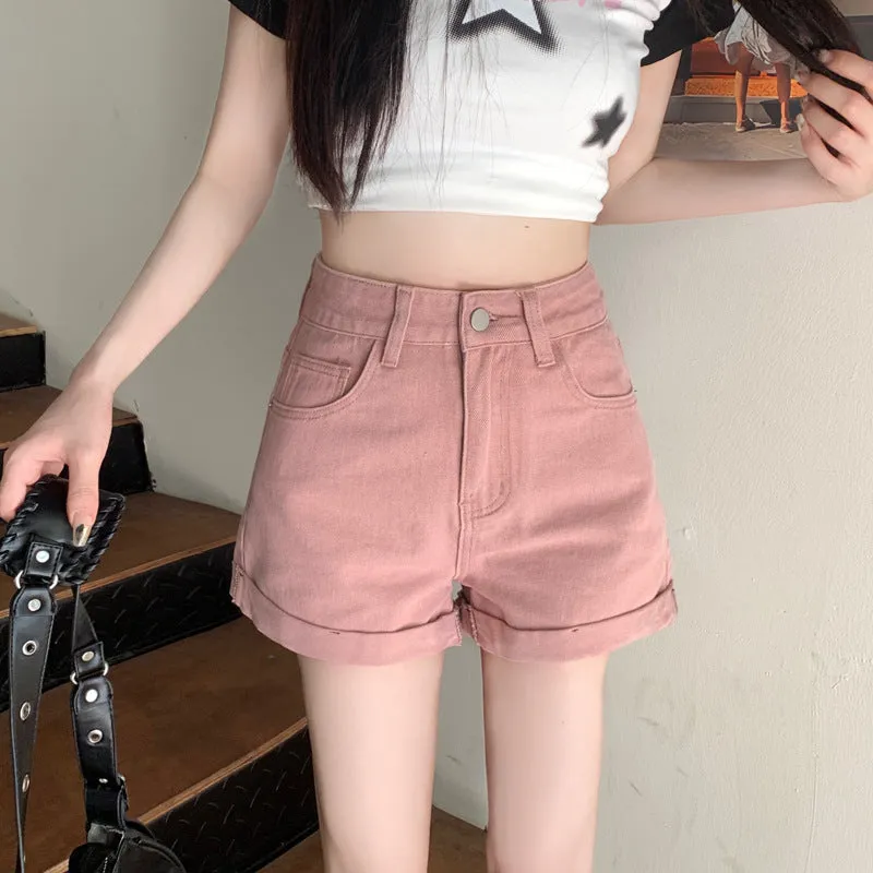 Women's high waist loose cotton denim shorts in khaki, summer casual style