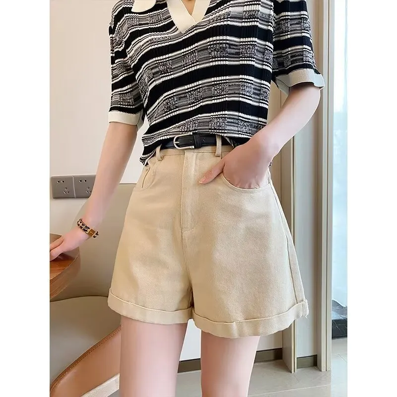 Women's high waist loose cotton denim shorts in khaki, summer casual style