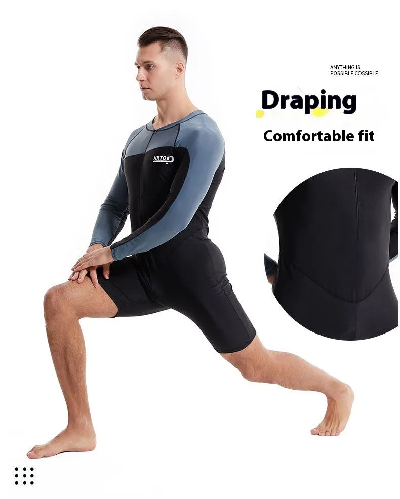 Men's professional diving one-piece swimsuit in black and gray shark skin style