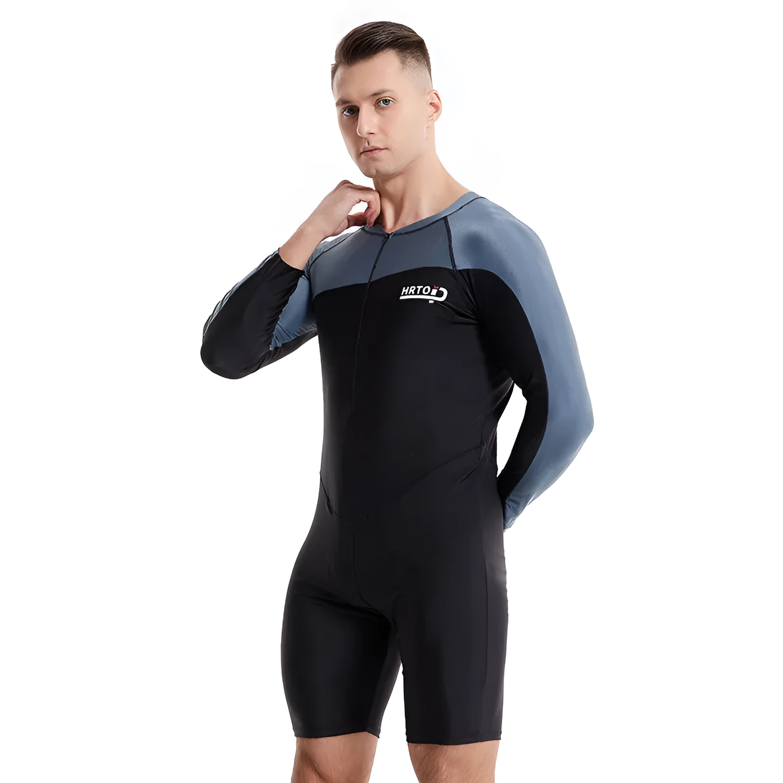 Men's professional diving one-piece swimsuit in black and gray shark skin style