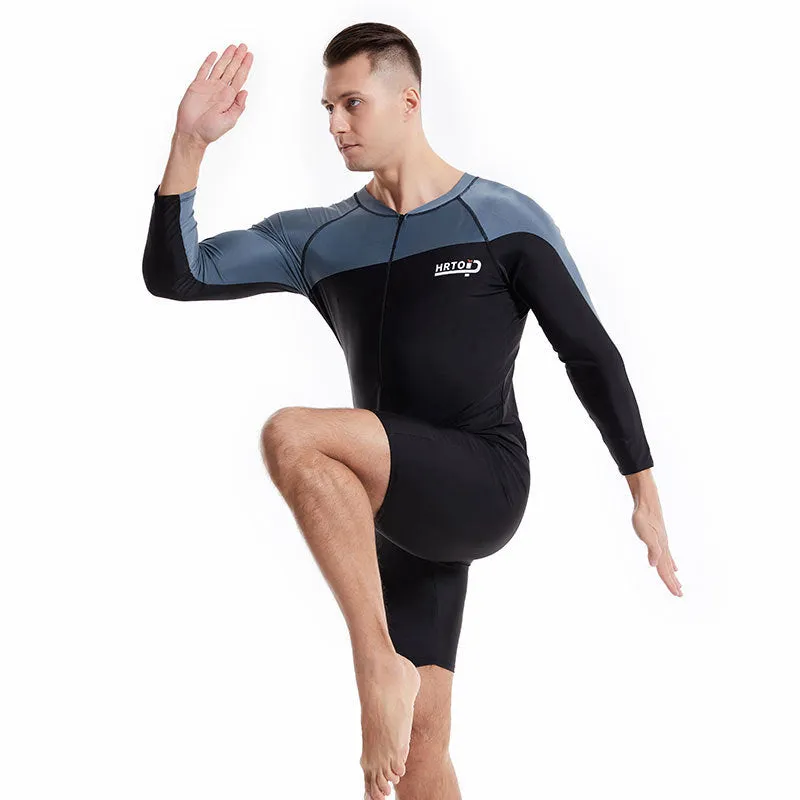 Men's professional diving one-piece swimsuit in black and gray shark skin style