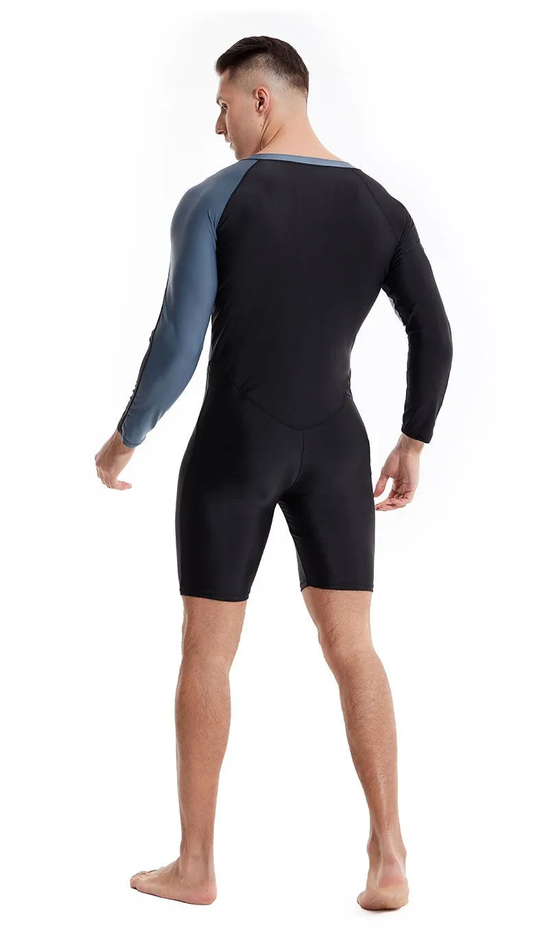 Men's professional diving one-piece swimsuit in black and gray shark skin style
