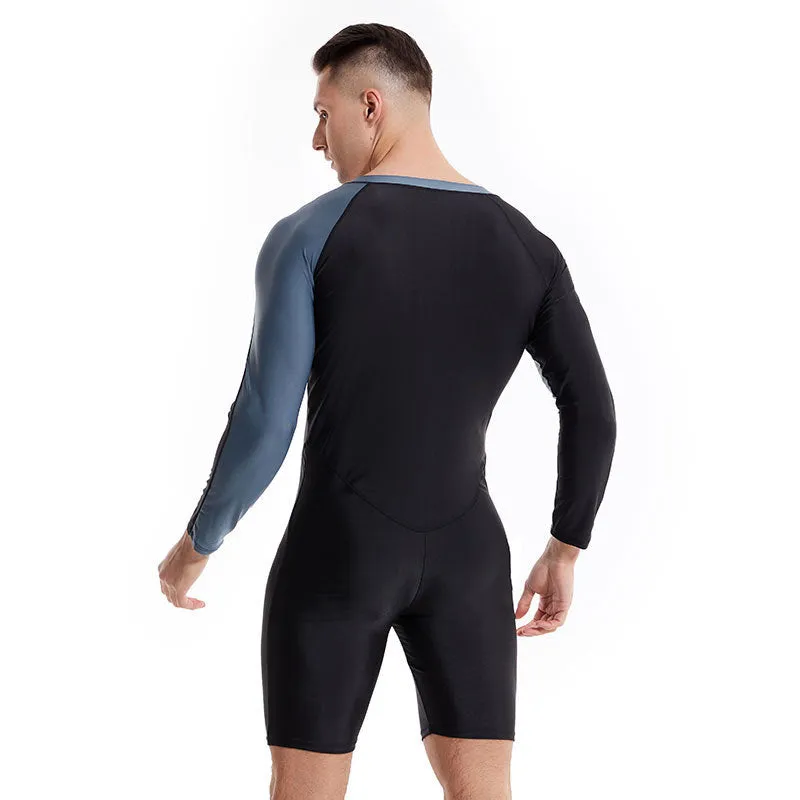 Men's professional diving one-piece swimsuit in black and gray shark skin style