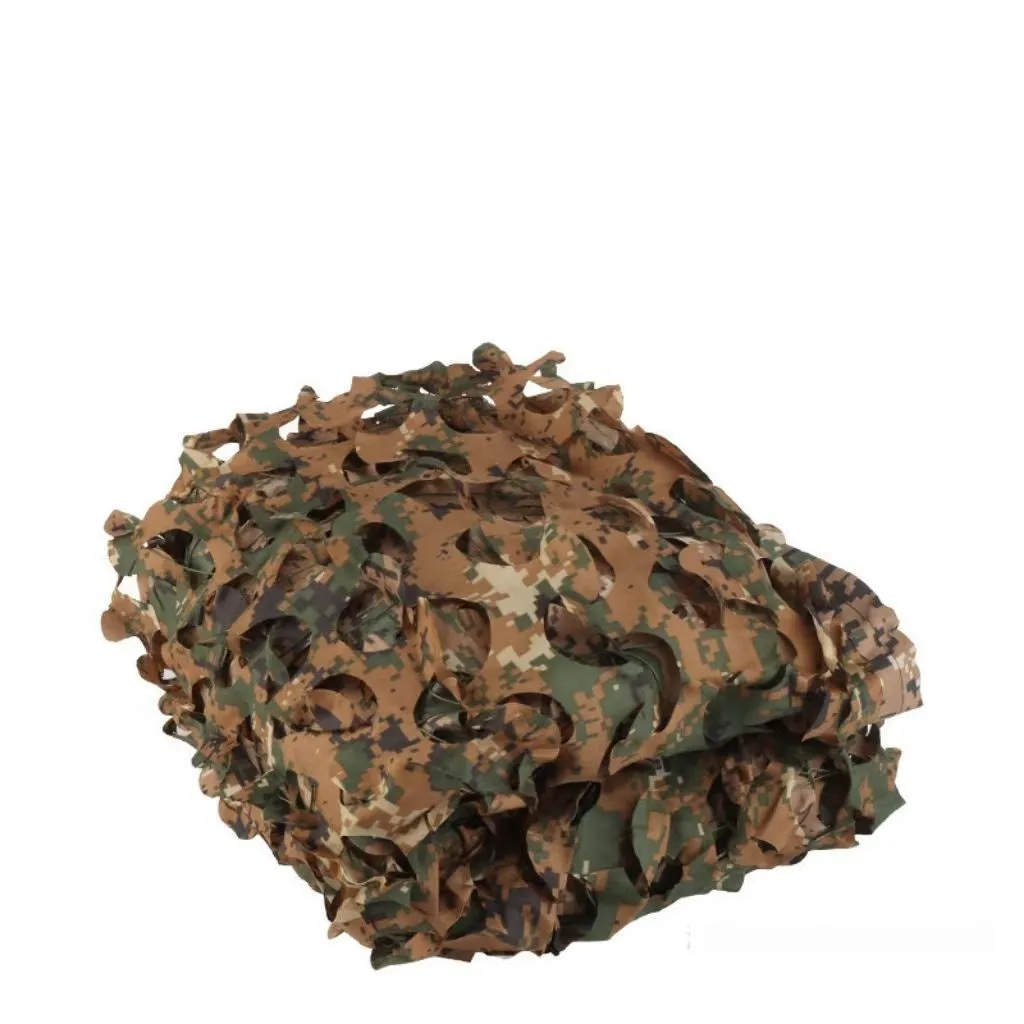 Green camouflage netting set unfolded, showing a mottled pattern, for camp sunshade and tactical cover.