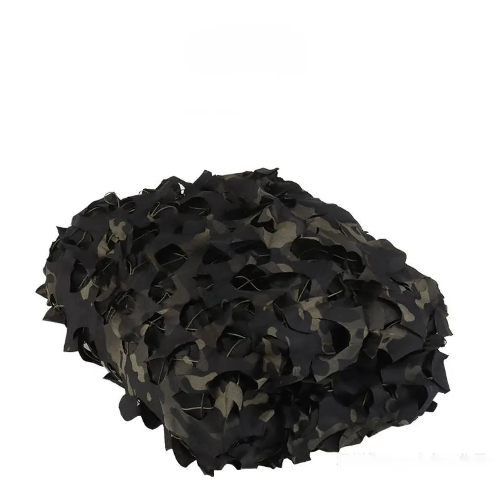 Green camouflage netting set unfolded, showing a mottled pattern, for camp sunshade and tactical cover.