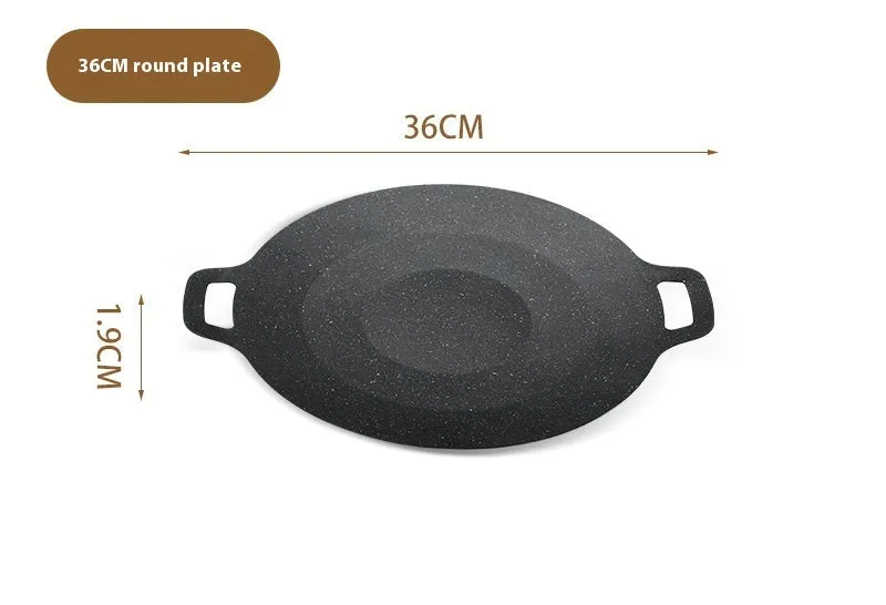 Round iron barbecue plate with non-stick surface, 24cm to 38cm size range
