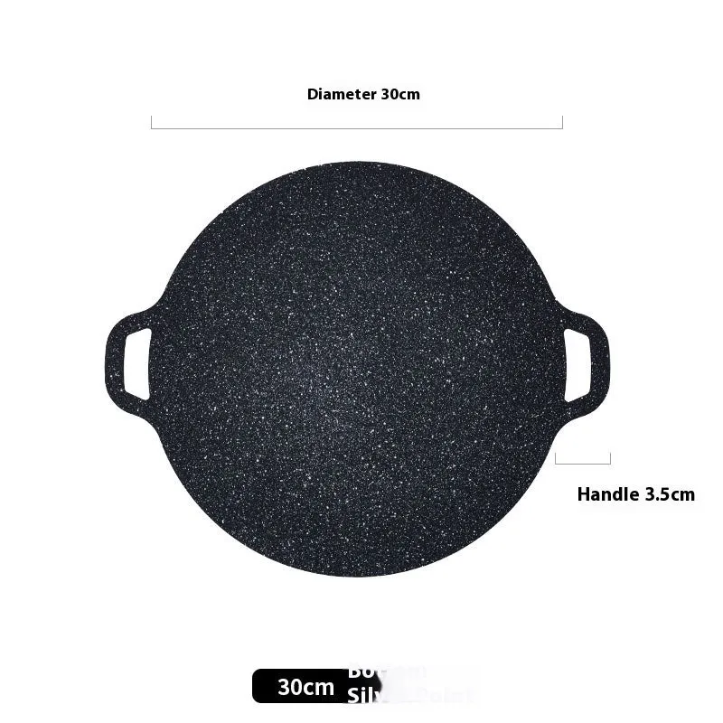 Round iron barbecue plate with non-stick surface, 24cm to 38cm size range