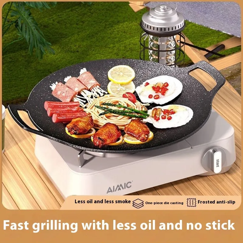 Round iron barbecue plate with non-stick surface, 24cm to 38cm size range