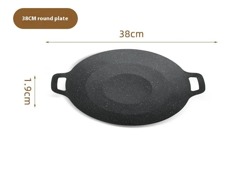 Round iron barbecue plate with non-stick surface, 24cm to 38cm size range