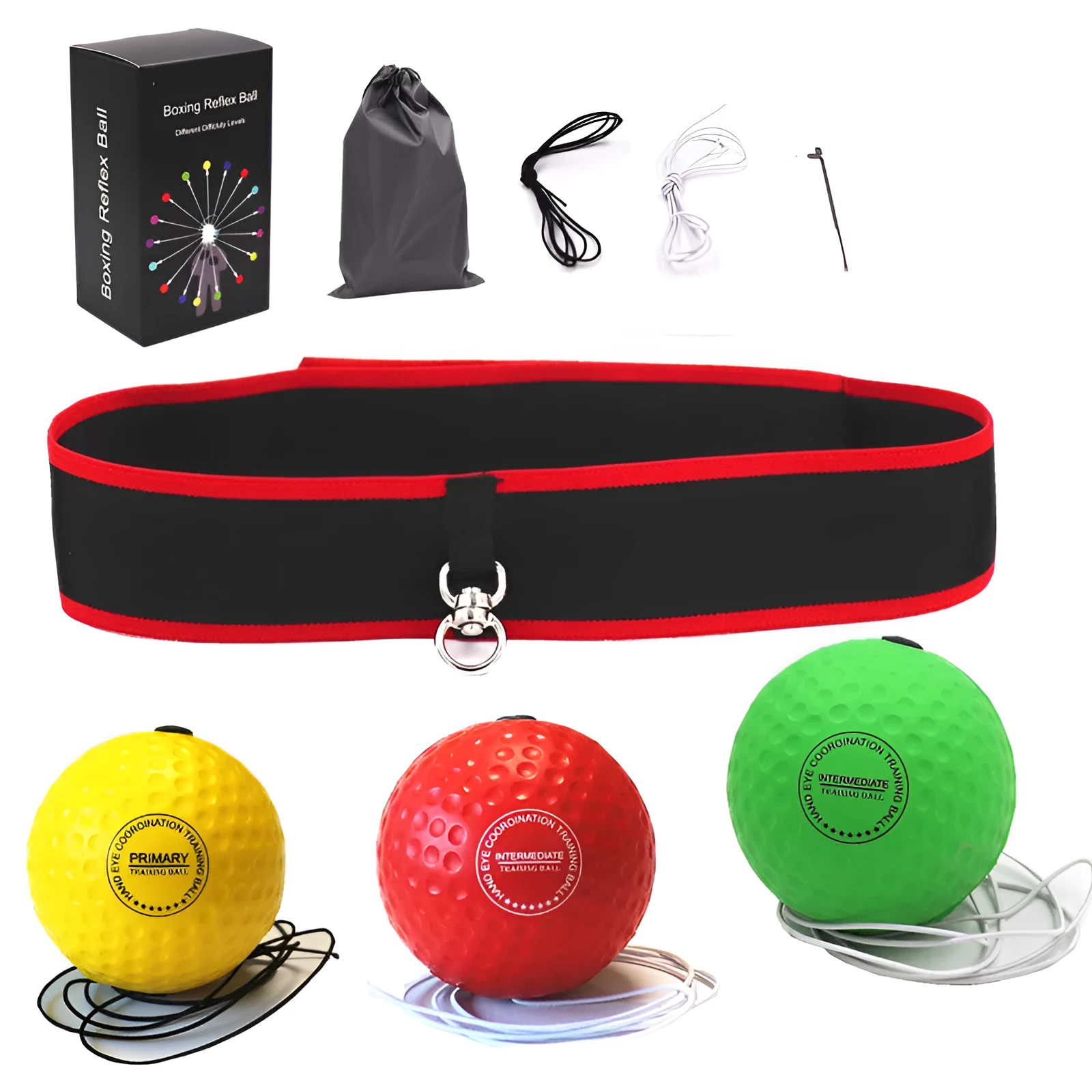 Boxing reaction ball set with PU ball, adjustable headband, and cloth bag for speed training