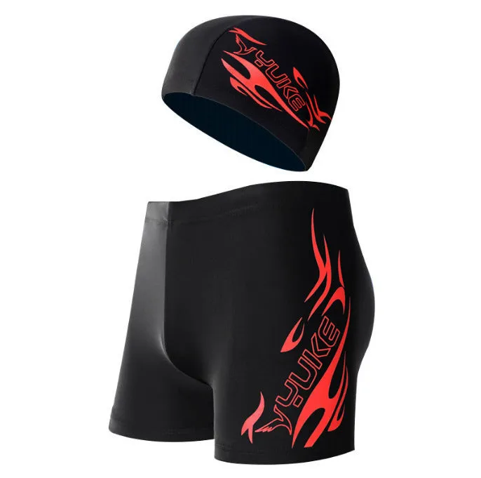 Men's plus size swimming trunks with fire pattern design and matching swimming cap
