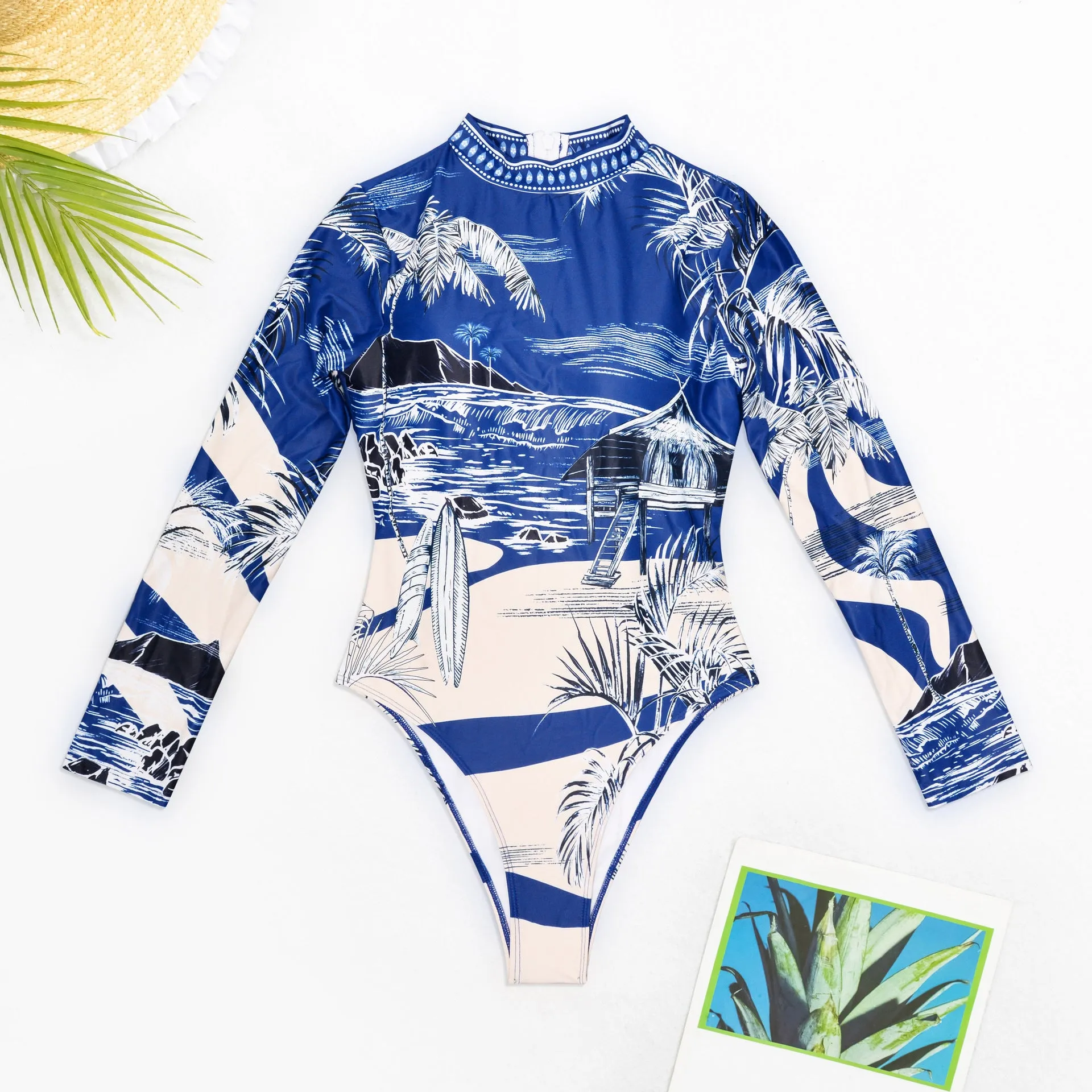 Women's one-piece printed long sleeve swimsuit in picture colour with backless design and high elasticity