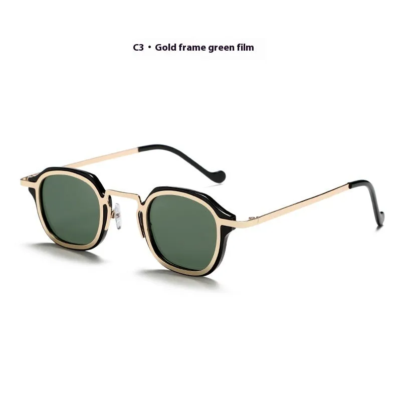 Square metal PC mixed men's sunglasses with round frame in black and silver, stainless steel and TAC lenses for sun protection