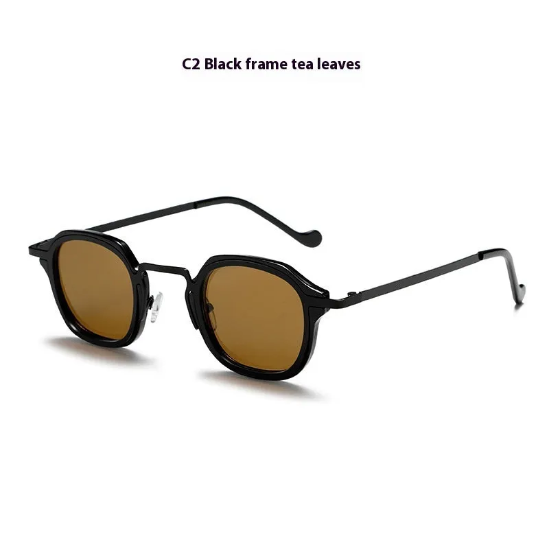 Square metal PC mixed men's sunglasses with round frame in black and silver, stainless steel and TAC lenses for sun protection