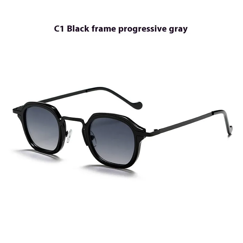 Square metal PC mixed men's sunglasses with round frame in black and silver, stainless steel and TAC lenses for sun protection