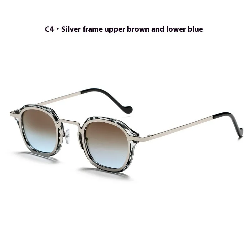 Square metal PC mixed men's sunglasses with round frame in black and silver, stainless steel and TAC lenses for sun protection