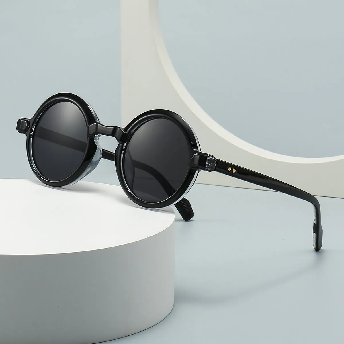Round retro sunglasses C2 Black Frame Double Gray plastic frame UV400 protection