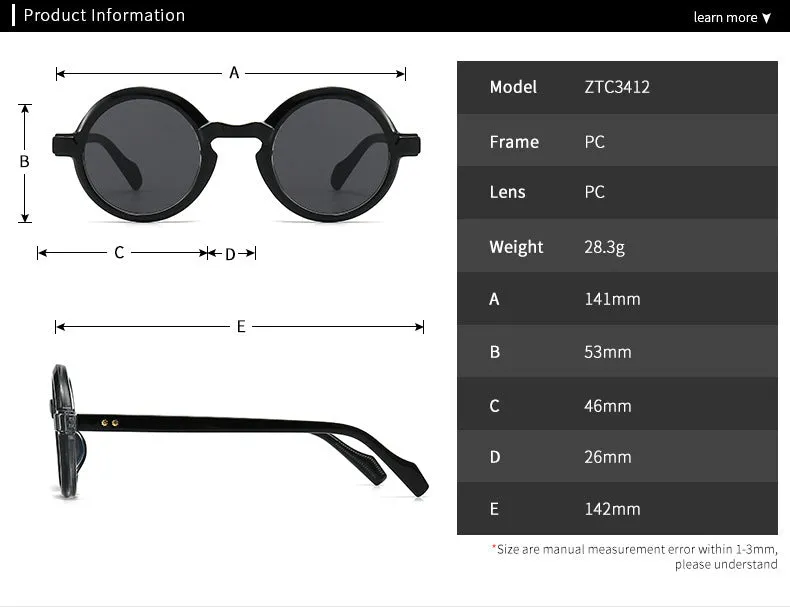 Round retro sunglasses C2 Black Frame Double Gray plastic frame UV400 protection