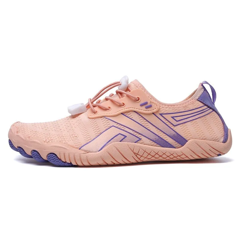 Women's anti slip quick drying five finger river tracing shoes in black, with rubber sole and Lycra mesh upper