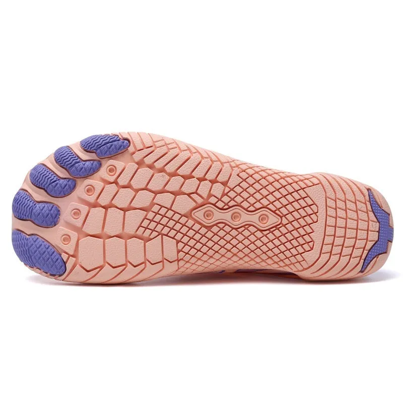 Women's anti slip quick drying five finger river tracing shoes in black, with rubber sole and Lycra mesh upper