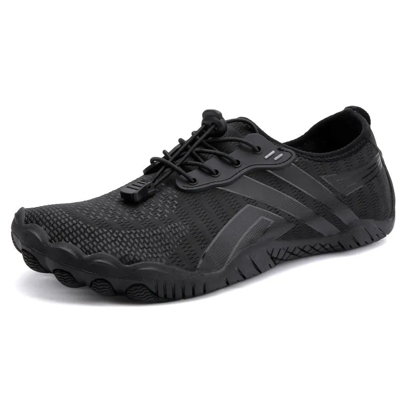 Women's anti slip quick drying five finger river tracing shoes in black, with rubber sole and Lycra mesh upper