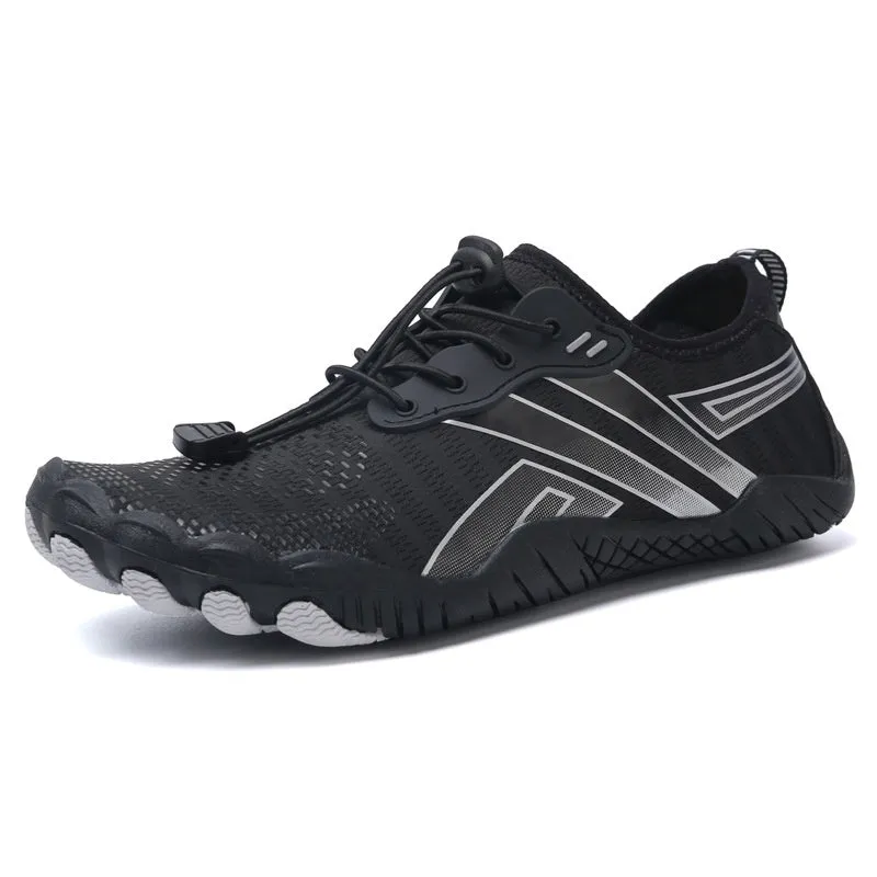 Women's anti slip quick drying five finger river tracing shoes in black, with rubber sole and Lycra mesh upper
