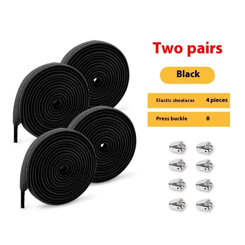 Elastic lace-free white shoelaces with flat buckle on a trainer, showing easy tie-free fastening