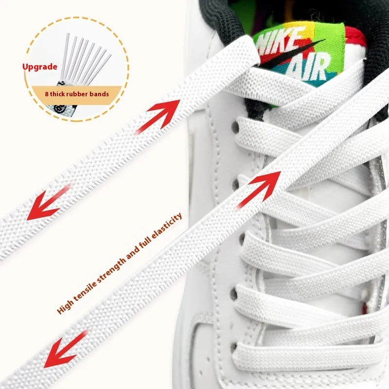 Elastic lace-free white shoelaces with flat buckle on a trainer, showing easy tie-free fastening