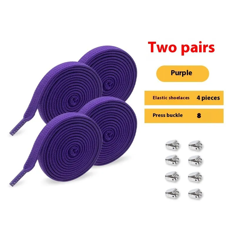 Elastic lace-free white shoelaces with flat buckle on a trainer, showing easy tie-free fastening