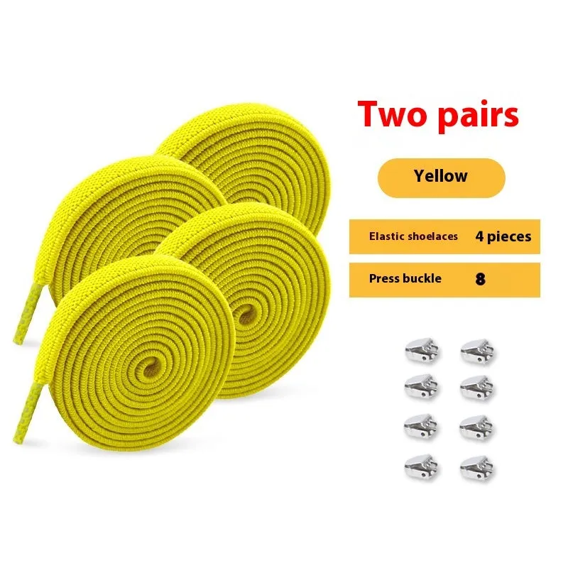 Elastic lace-free white shoelaces with flat buckle on a trainer, showing easy tie-free fastening