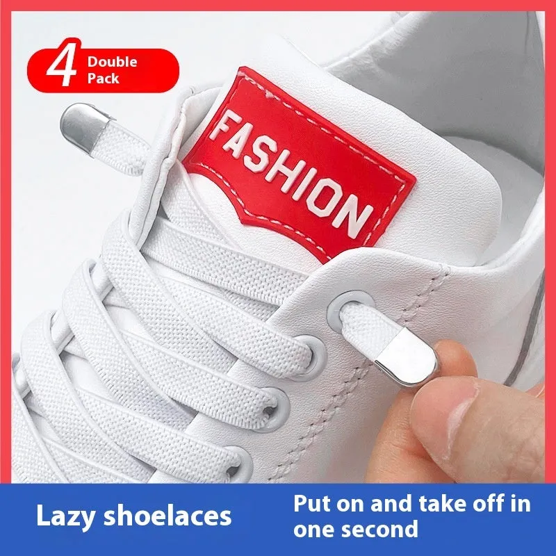 Elastic lace-free white shoelaces with flat buckle on a trainer, showing easy tie-free fastening