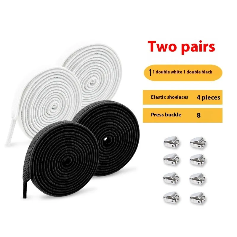 Elastic lace-free white shoelaces with flat buckle on a trainer, showing easy tie-free fastening