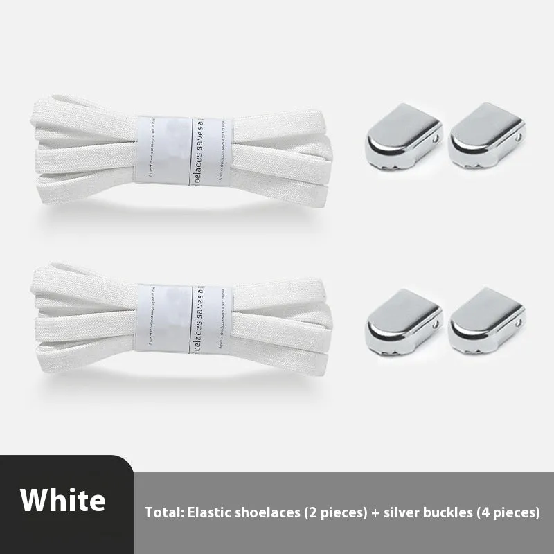 Elastic lace-free white shoelaces with flat buckle on a trainer, showing easy tie-free fastening