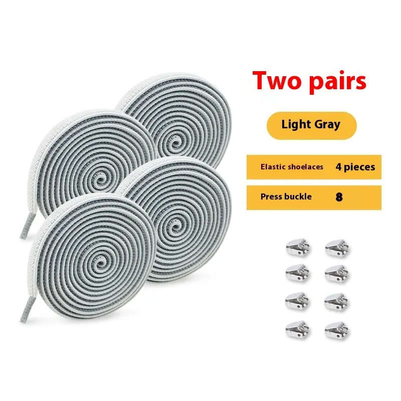 Elastic lace-free white shoelaces with flat buckle on a trainer, showing easy tie-free fastening