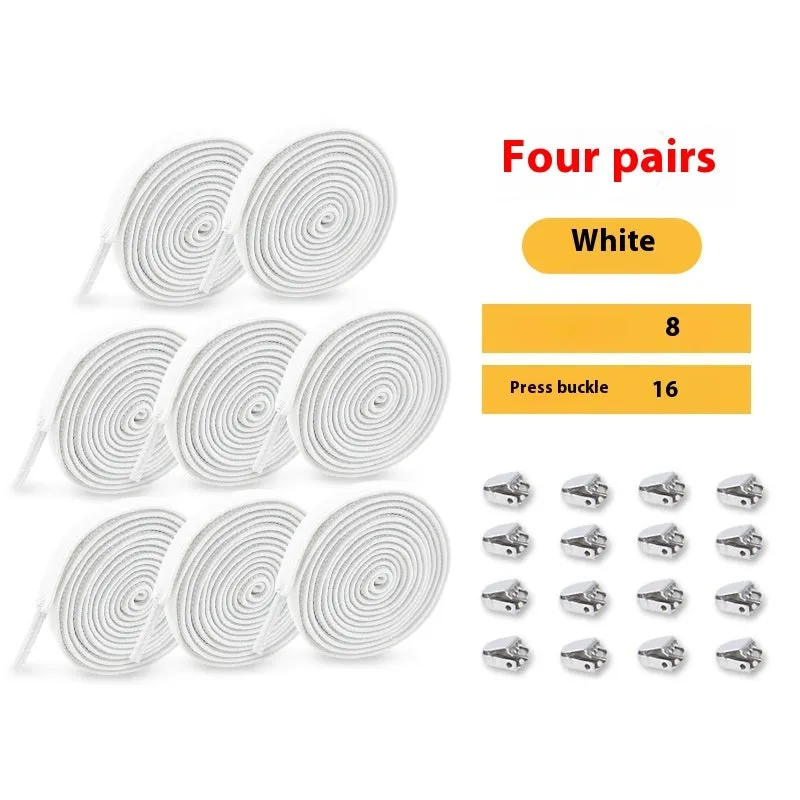 Elastic lace-free white shoelaces with flat buckle on a trainer, showing easy tie-free fastening
