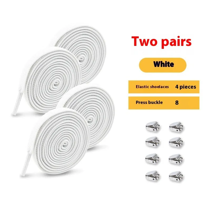 Elastic lace-free white shoelaces with flat buckle on a trainer, showing easy tie-free fastening