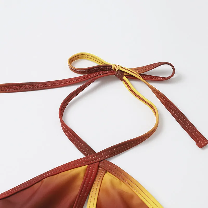 New split pure color slimming bikini swimsuit red gradient backless high elasticity briefs style