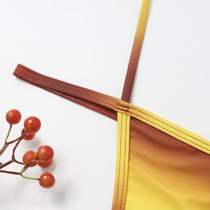 New split pure color slimming bikini swimsuit red gradient backless high elasticity briefs style