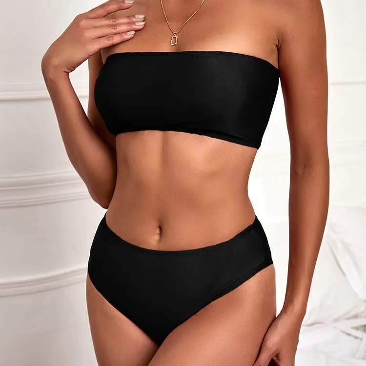Tube top high waist split bikini set, leopard print, polyester lining, quick-drying swimwear