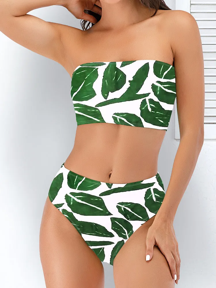 Tube top high waist split bikini set, leopard print, polyester lining, quick-drying swimwear