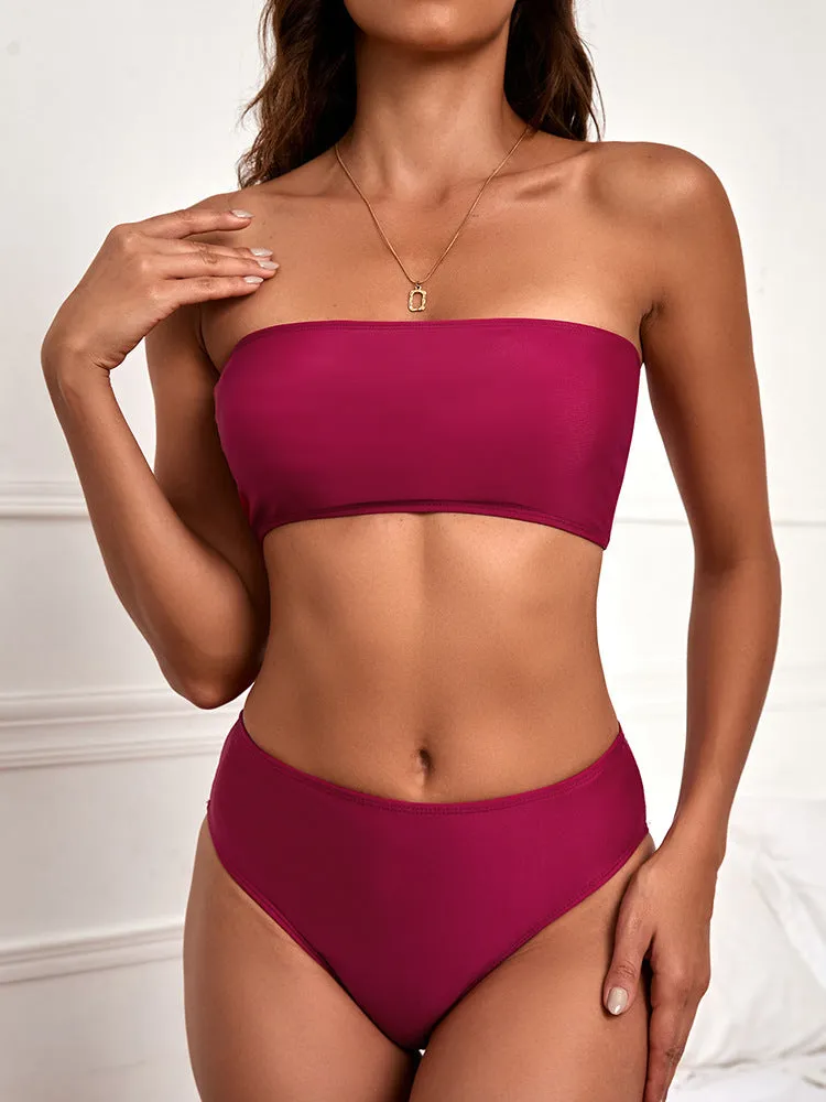Tube top high waist split bikini set, leopard print, polyester lining, quick-drying swimwear