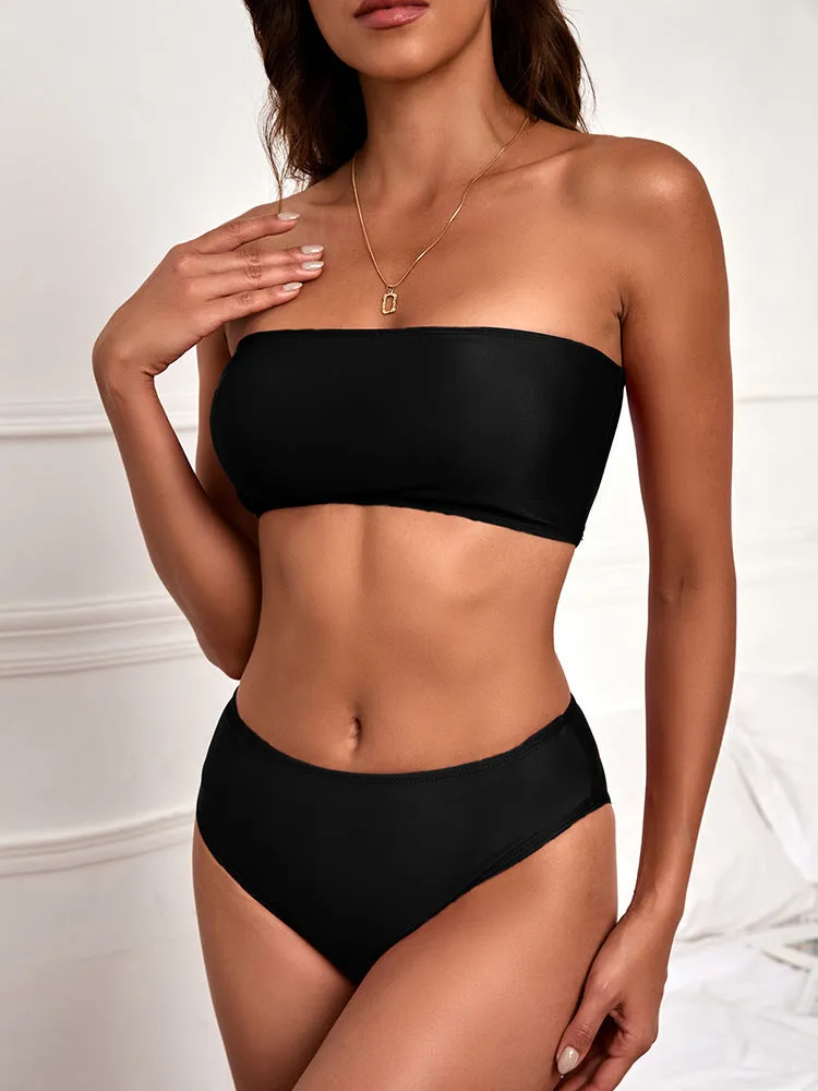 Tube top high waist split bikini set, leopard print, polyester lining, quick-drying swimwear