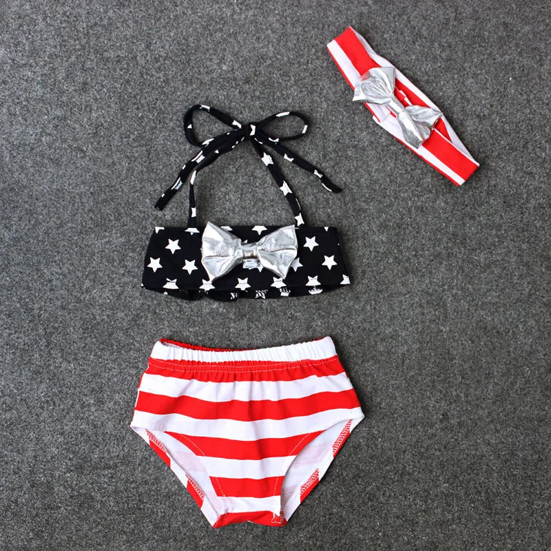 Girls XINGX bowknot three-piece swimsuit in milk silk fabric, colour CC00734, available in sizes 90-130 yards