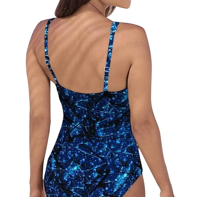 Women's one piece swimsuit triangle neckline polyester bikini in dark blue and blue, sleeveless for swimming and wading sports
