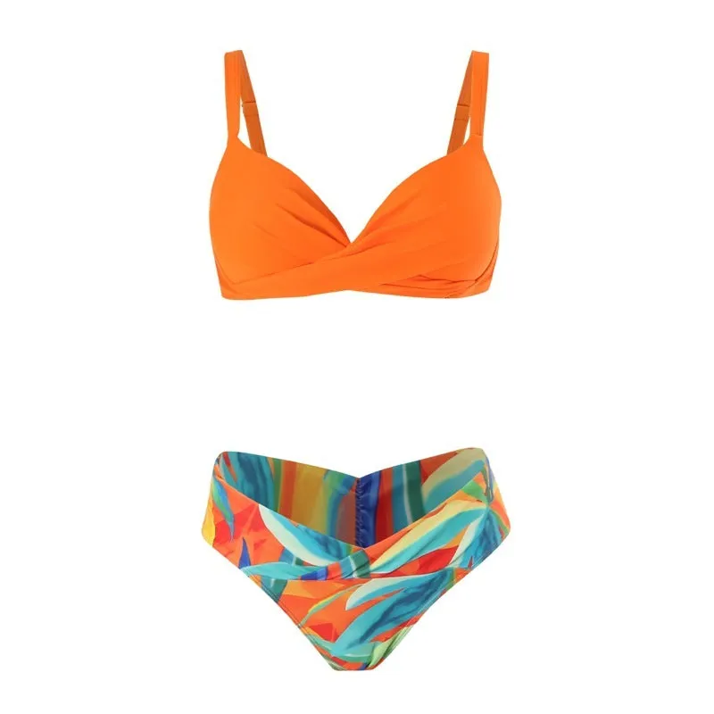 Women's three-piece hard bag bikini set with long sleeve blouse in green leaf print polyester